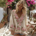Bohemian Style Pink Rose Vintage V-neck Long Sleeve Shirt