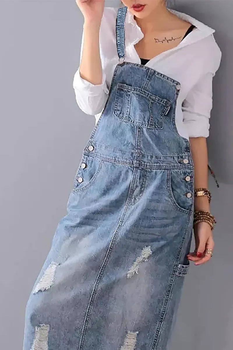 Women's Adjustable Strap Distressed Denim Overall Dress A-Line Pinafore Jean Dress with Split