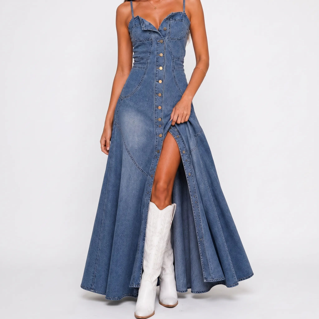 Stylish Button-Front Denim Maxi Dress