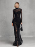 Sexy Sheer Mesh Ruched Bodycon Maxi Dress
