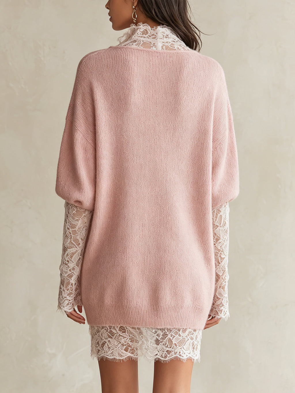 Pink Lace Trim Oversized Knit Mini Dress
