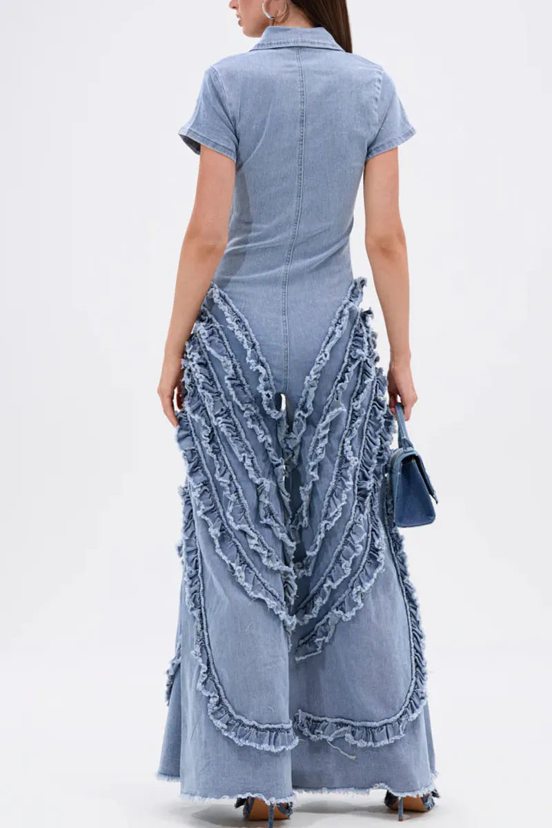 Women's Fitted Short-Sleeve Denim Jumpsuit with Tiered Ruffles