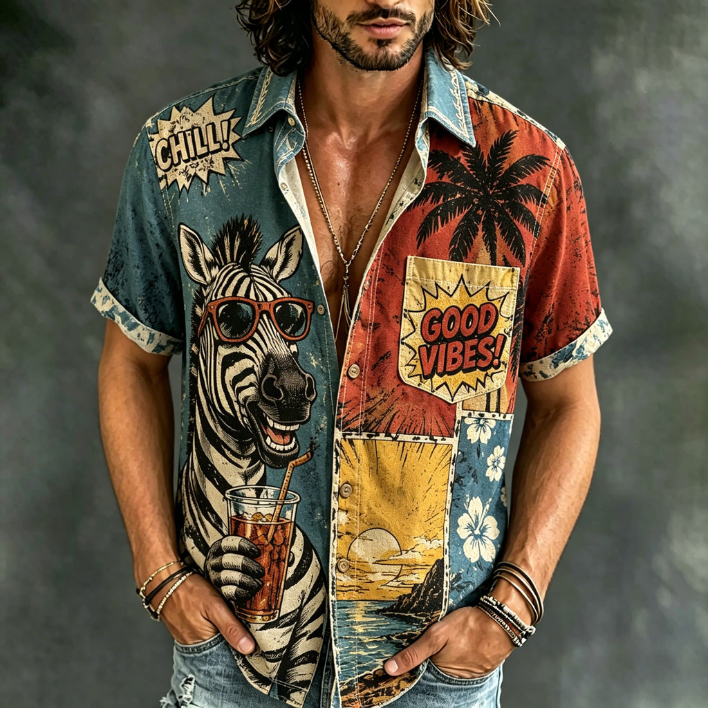 Men's Hippie Style Peace Zebra Holiday Patchwork Art Print Casual Shirt