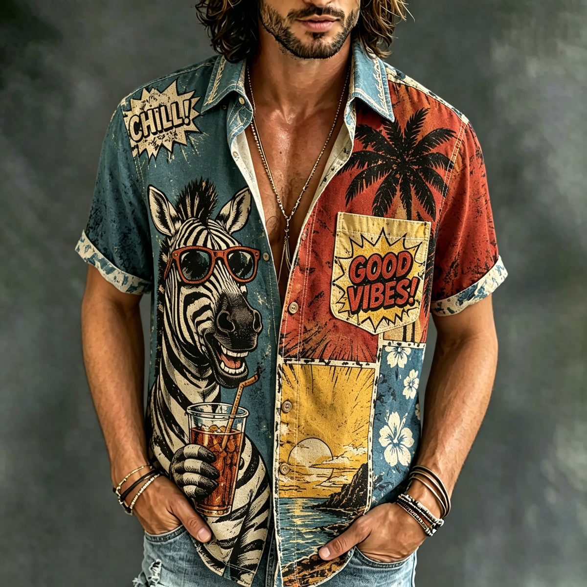 Men's Hippie Style Peace Zebra Holiday Patchwork Art Print Casual Shirt