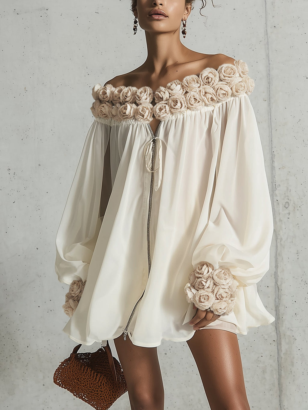 24-Hour-Shipping Cream 3D Floral Chiffon Zip Mini Dress