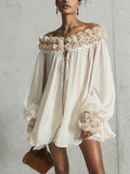 24-Hour-Shipping Cream 3D Floral Chiffon Zip Mini Dress