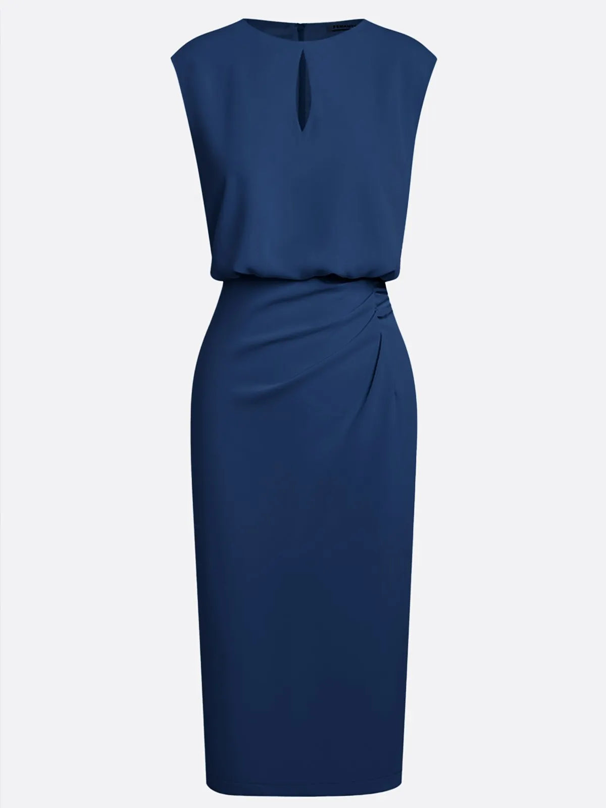 Purplish Blue Ruched Cut Out Classic Crew Neck Cap Sleeve Sheath Midi Dress
