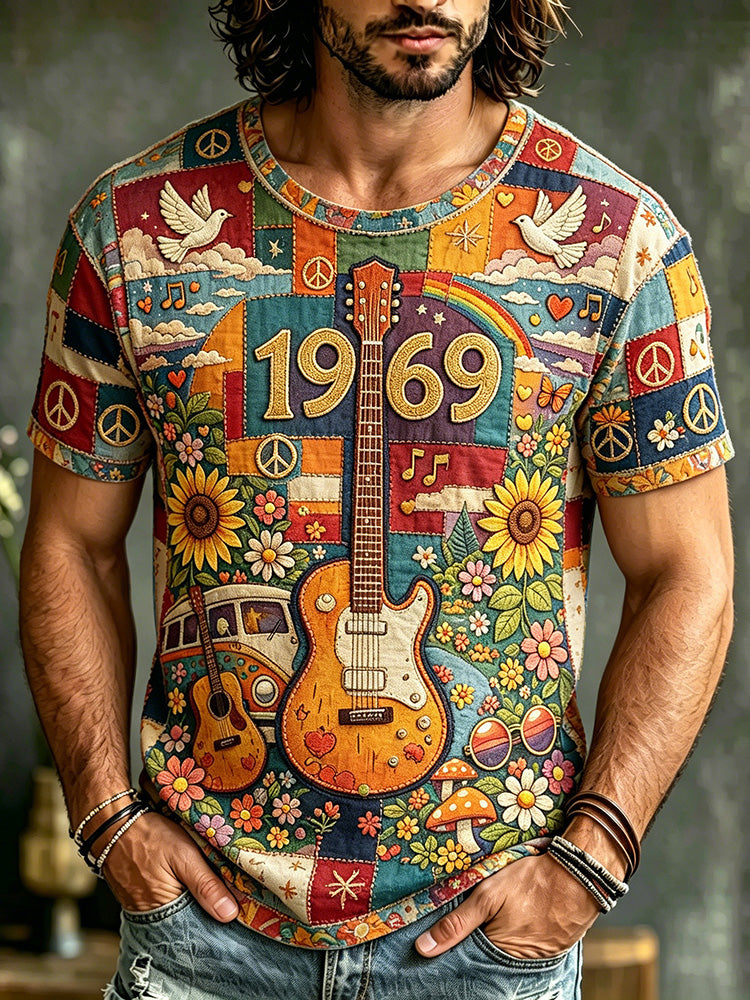 Men's Retro Hippie Peace Logo Floral Guitar Patchwork Print T-shirt