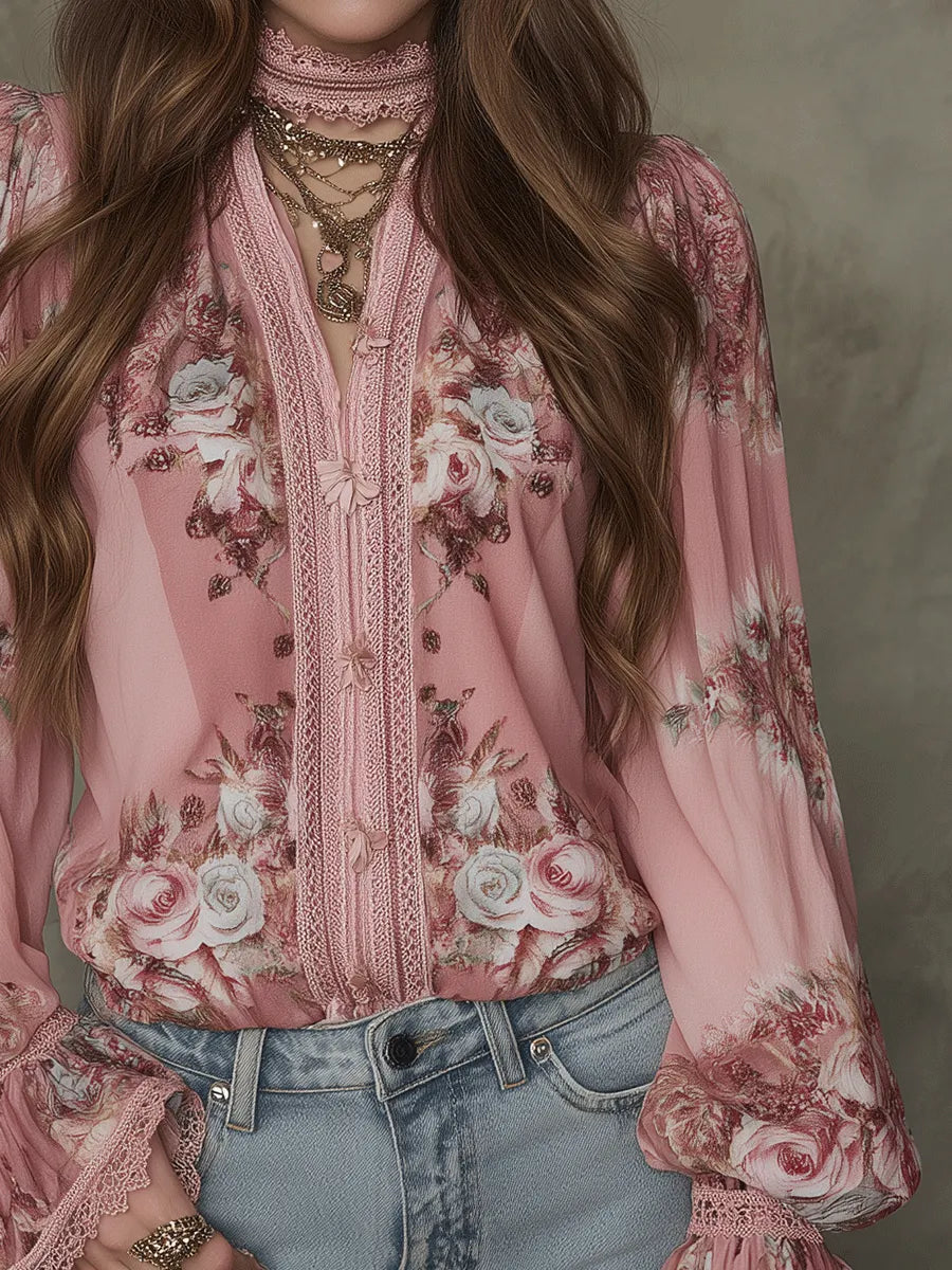 Bohemian Vintage Floral Lace-Trim Chiffon Blouse