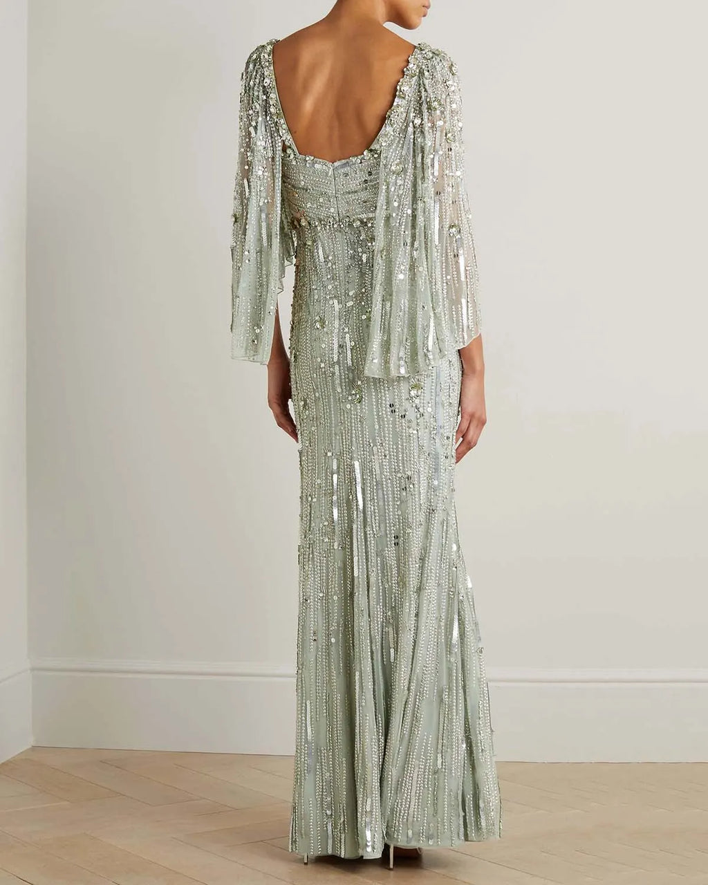 Cape-Effect Embellished Evening Gown