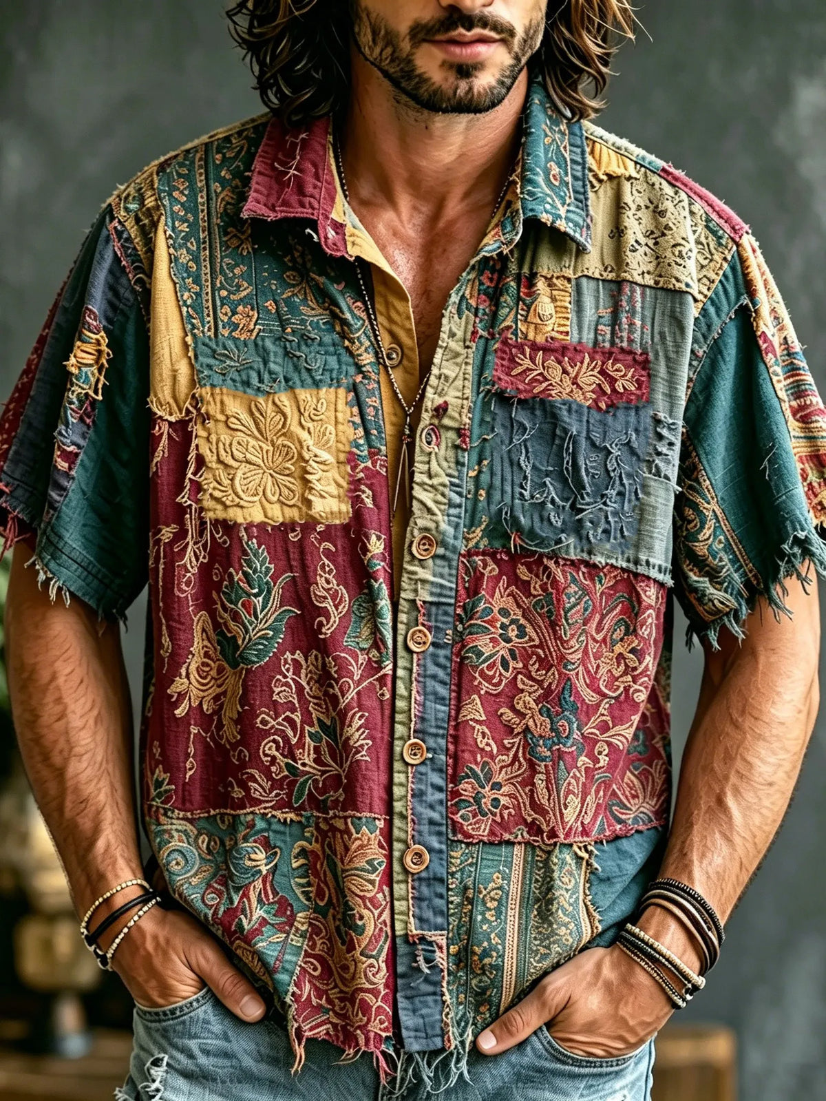 Men's Retro Hippie Style Patchwork Short-sleeve Shirt