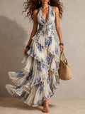 Boho Resort Blue Floral Halter Tiered Ruffle Chiffon Maxi Dress