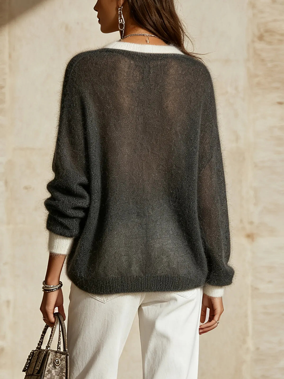 Dark Gray White Trim V-Neck Sheer Fluffy Mohair Oversized Knit Sweater