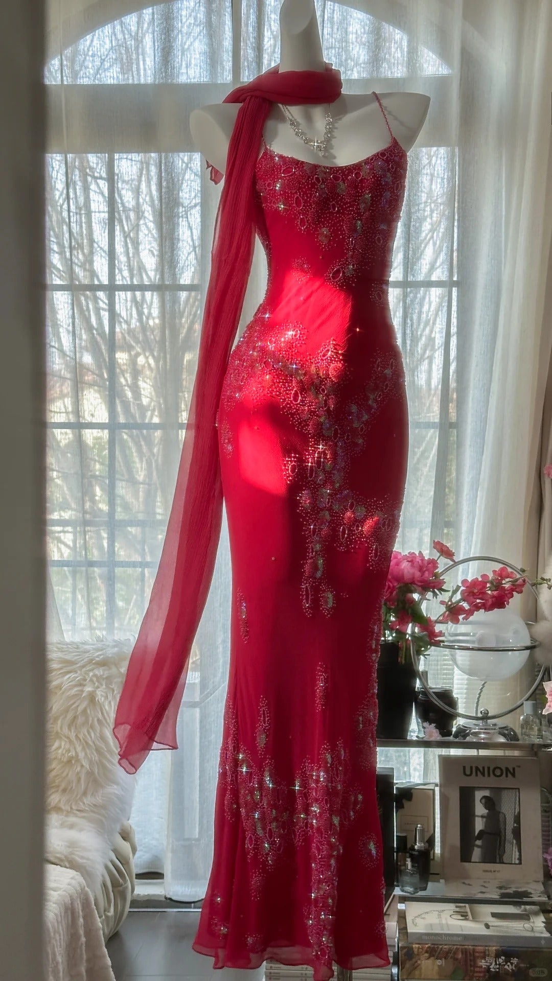 Red Romantic Gorgeous Fashion Elegant Exquisite Beaded Long Chiffon Ball Gown Evening Dress Birthday/Wedding Guest/Vacation Party Dress Prom Dress Valentine's Day Date Dress