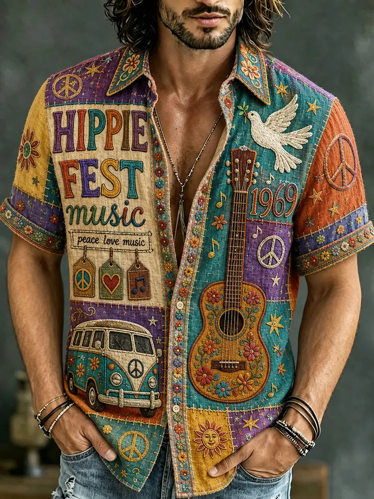 Men's Retro Bohemian Hippie Style Floral Patchwork Print Short-sleeve Shirt