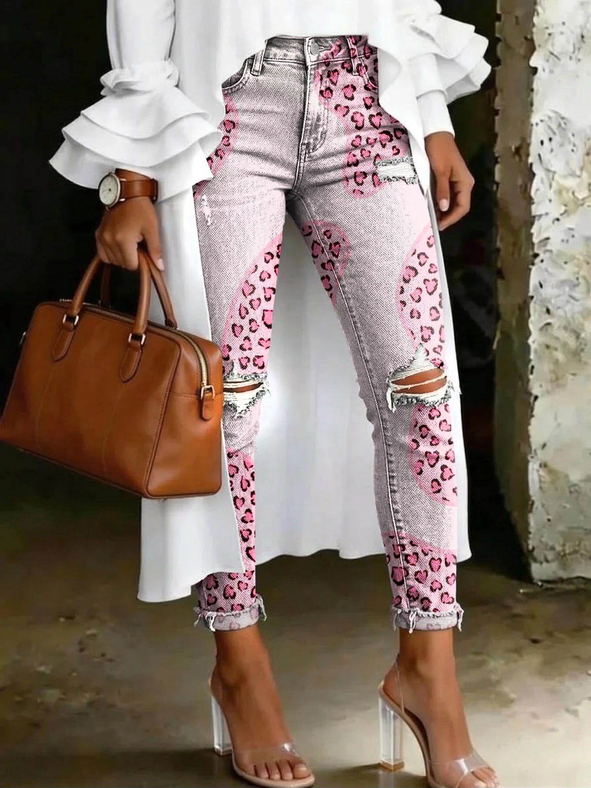 Women's Fashion Pink Geometric Heart Leopard Print Artistic Print Casual Skinny Ripped Jeans