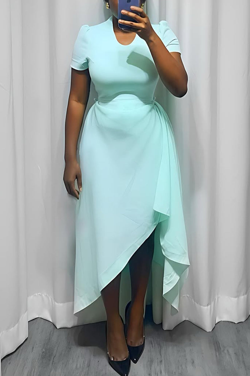 Women Round Neck Solid Color Irregular Elegant Casual Dress