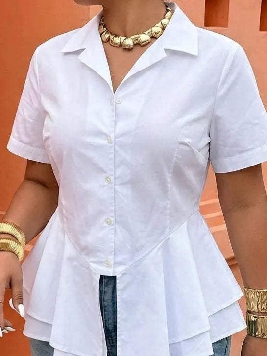Cotton Casual Plain Peplum Lapel Collar Shirt