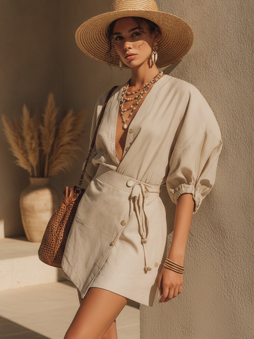 Beige Striped Tie Waist Mini Dress