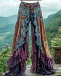 Summer ruffled denim cotton and linen patchwork contrast color pants f6c6