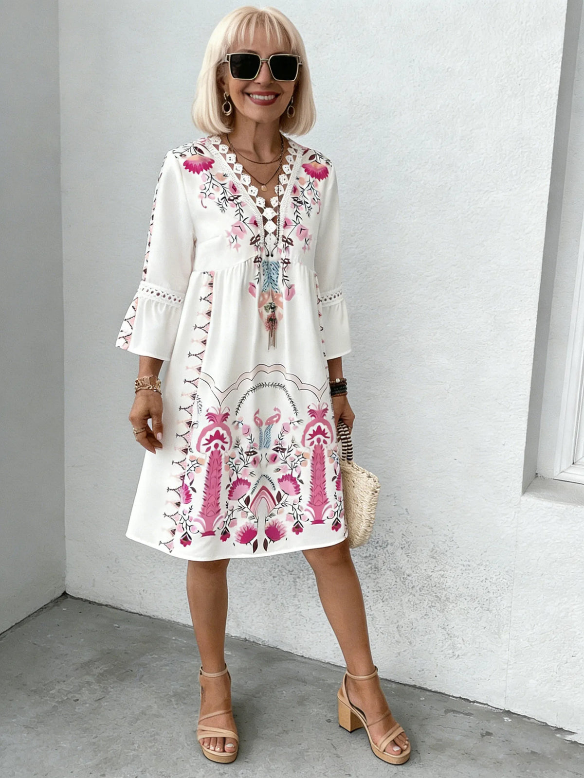 V-neck Printed Lace Stitching Bohemian Casual Vacation Style Dress