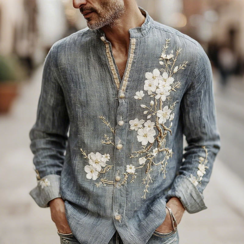 Men's Japanese-style Cherry Blossom Pattern Linen Blend Shirt