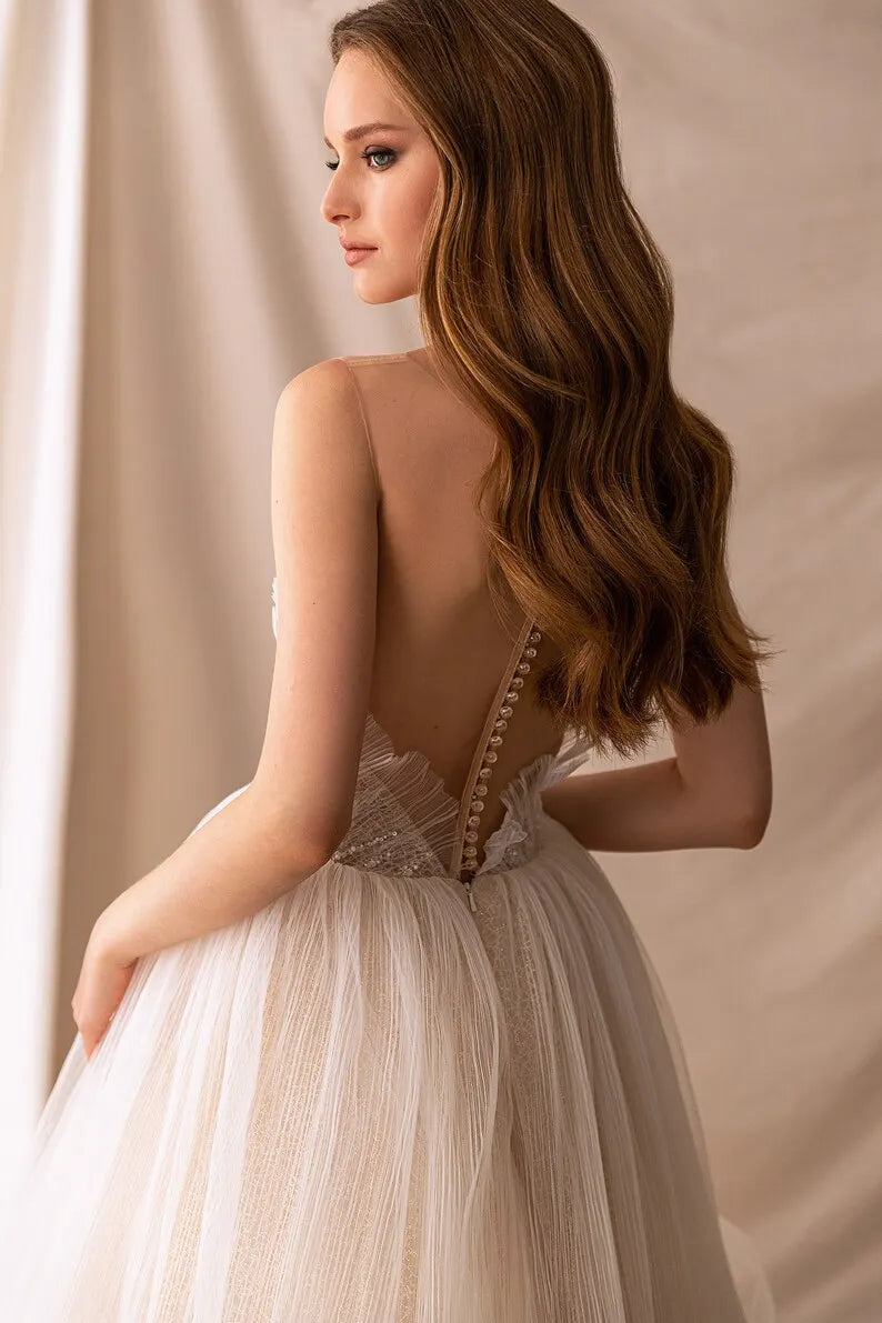 Ball gown wedding dress BS-027, Cathedral wedding dress, Lace wedding dress, ivory wedding dress.