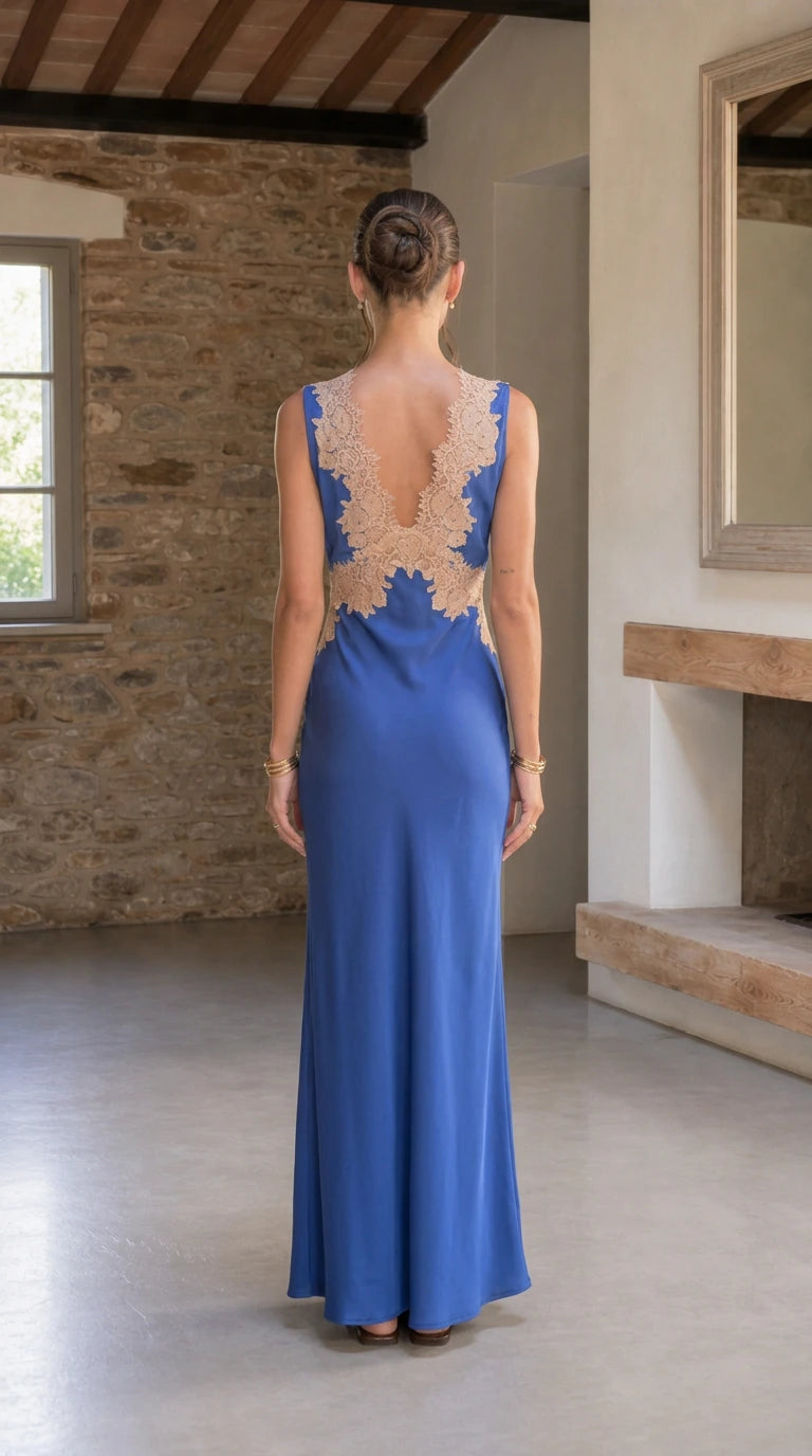 Elegant Contrast Lace Trim Sleeveless Satin Maxi Dress