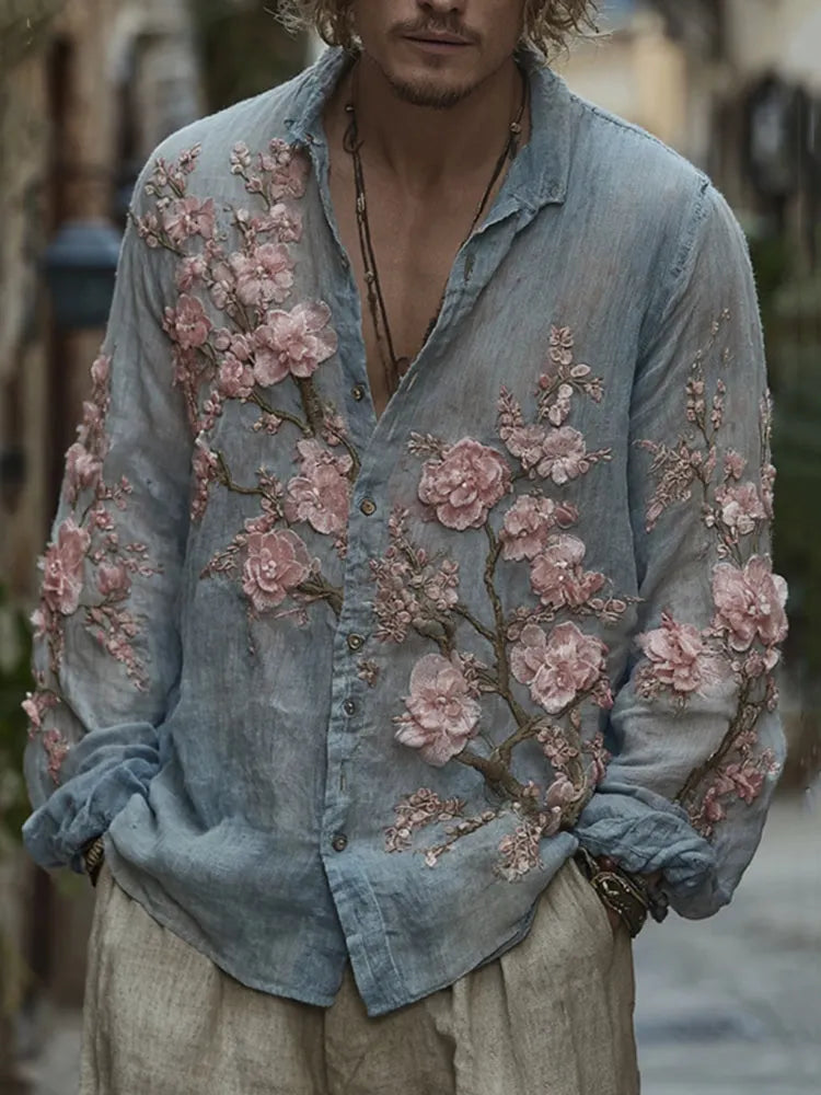 Men's Vintage Cherry Blossom Embroidered Flowy Linen Shirt