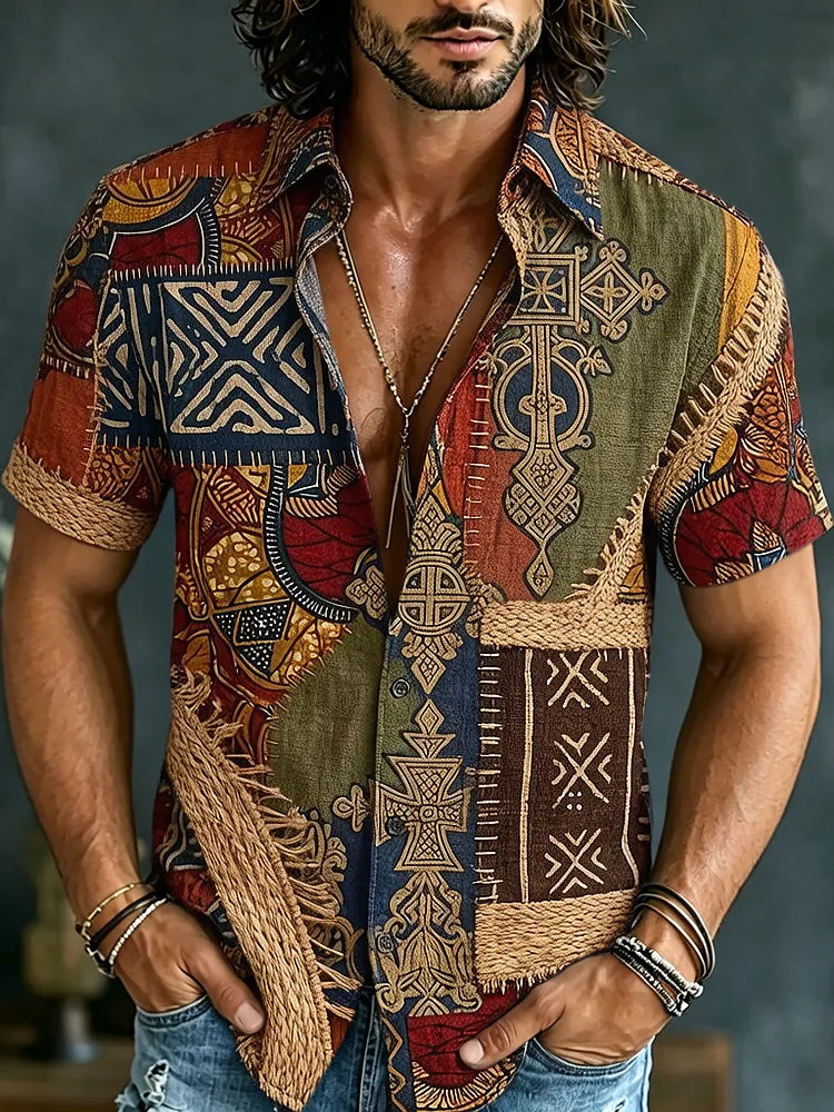 Men's Retro Hippie Color Block Pattern Short-sleeve Cotton Linen Shirt
