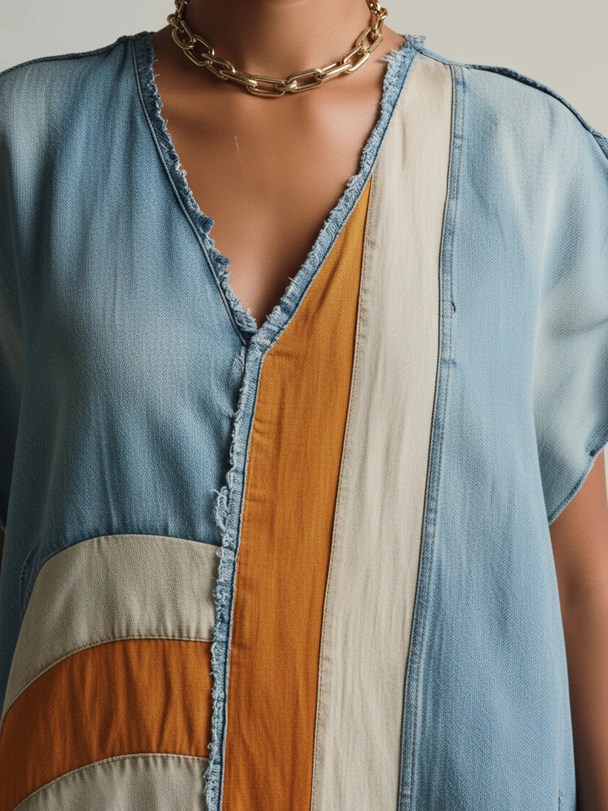 Color Block Denim Caftan Maxi Dress