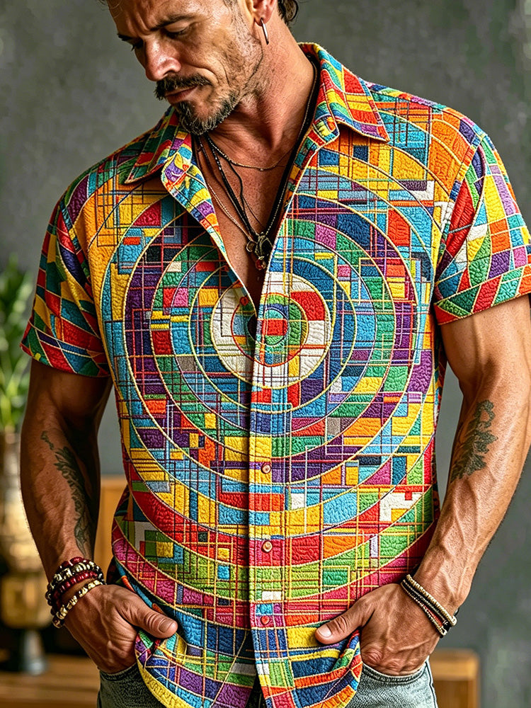 Colorful Geometric Mosaic Embroidery Short Sleeve Shirt For Men, Retro Abstract Circular Print Camp Collar Casual Summer Button Up Top