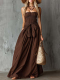 Elegant Retro Vacation-Style Strapless Brown Cotton Maxi Dress