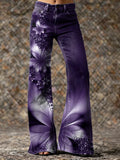 Women's Vintage Purple Gradient Floral Art Printed Casual Slim  Flared Pants