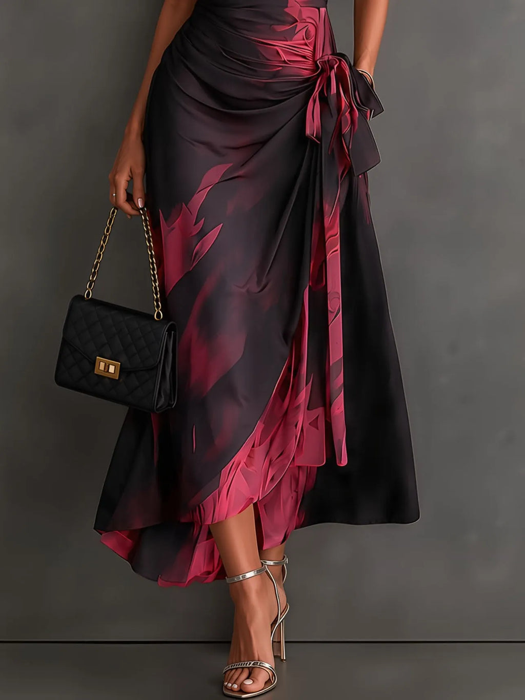 Red Black Abstract Print Wrap Midi Dress Collared V Neck Short Sleeve Tie Waist Ruffled High‑Low Hem Dress