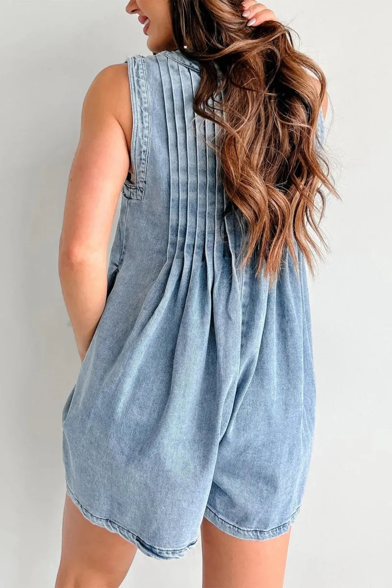 Womens Casual Sleeveless Tie Front Denim Romper Overall Shorts Summer Jean Romper With Pocket