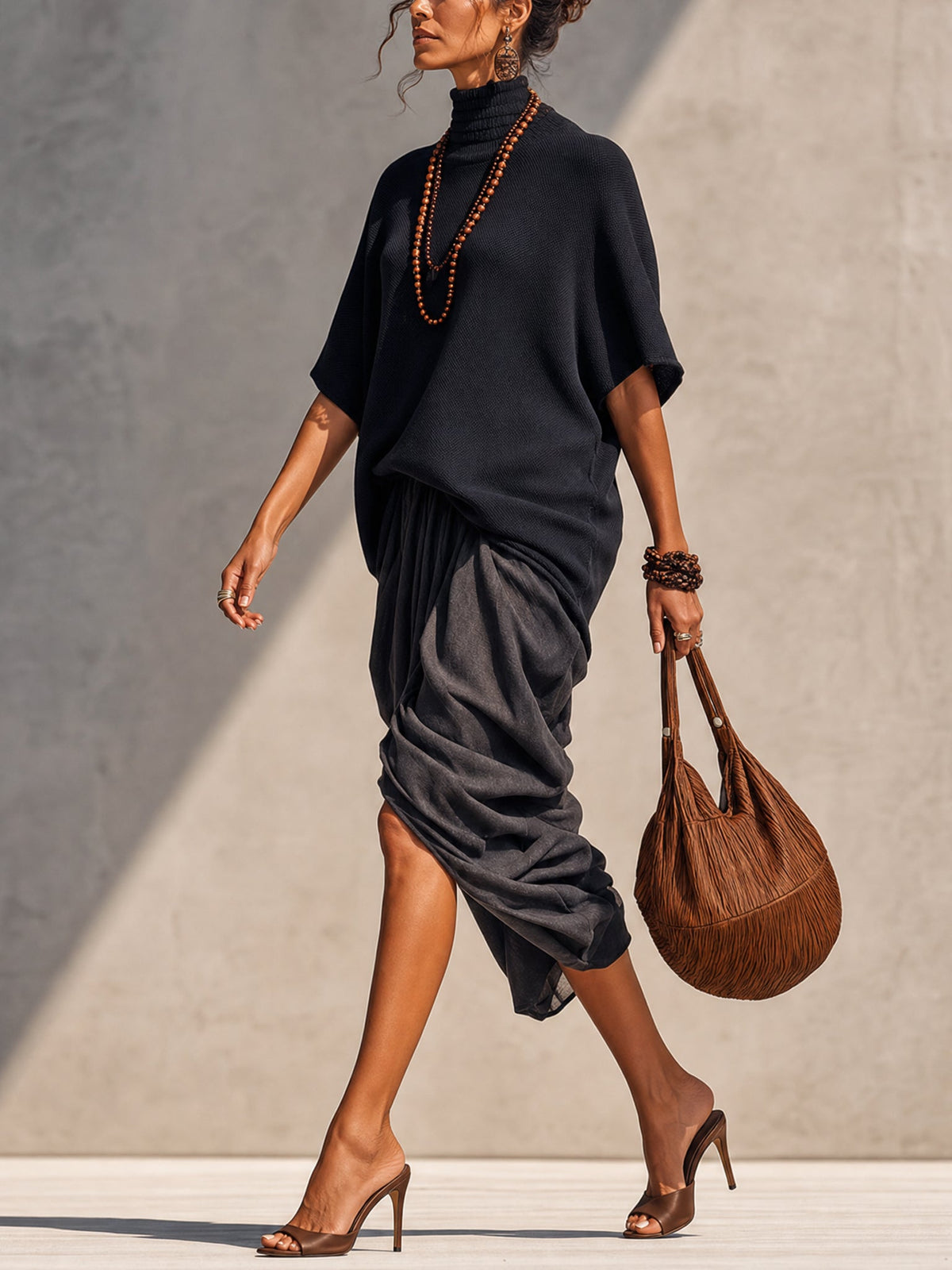 Black Knit Top And Gray Linen Draped Skirt Set
