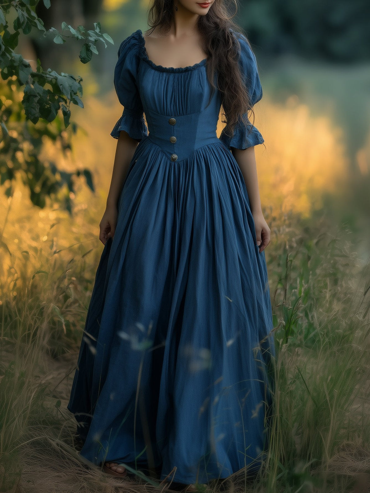 Linen Maxi Dress, Crew Neck, Half Sleeves, Belt, Victorian Style, Princess Dress, Blue