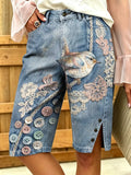 Women's Bird Print Denim Bermuda Shorts