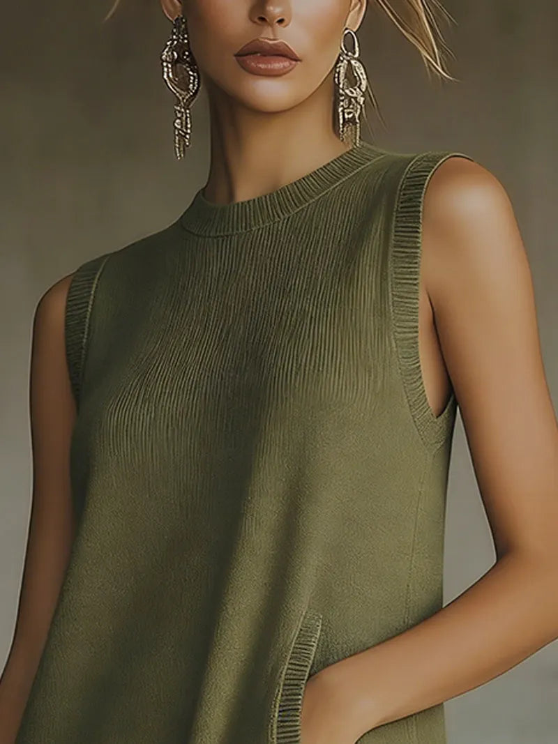 24-Hour-Shipping Olive Green Sleeveless Knit Mini Dress With Fringe Hem