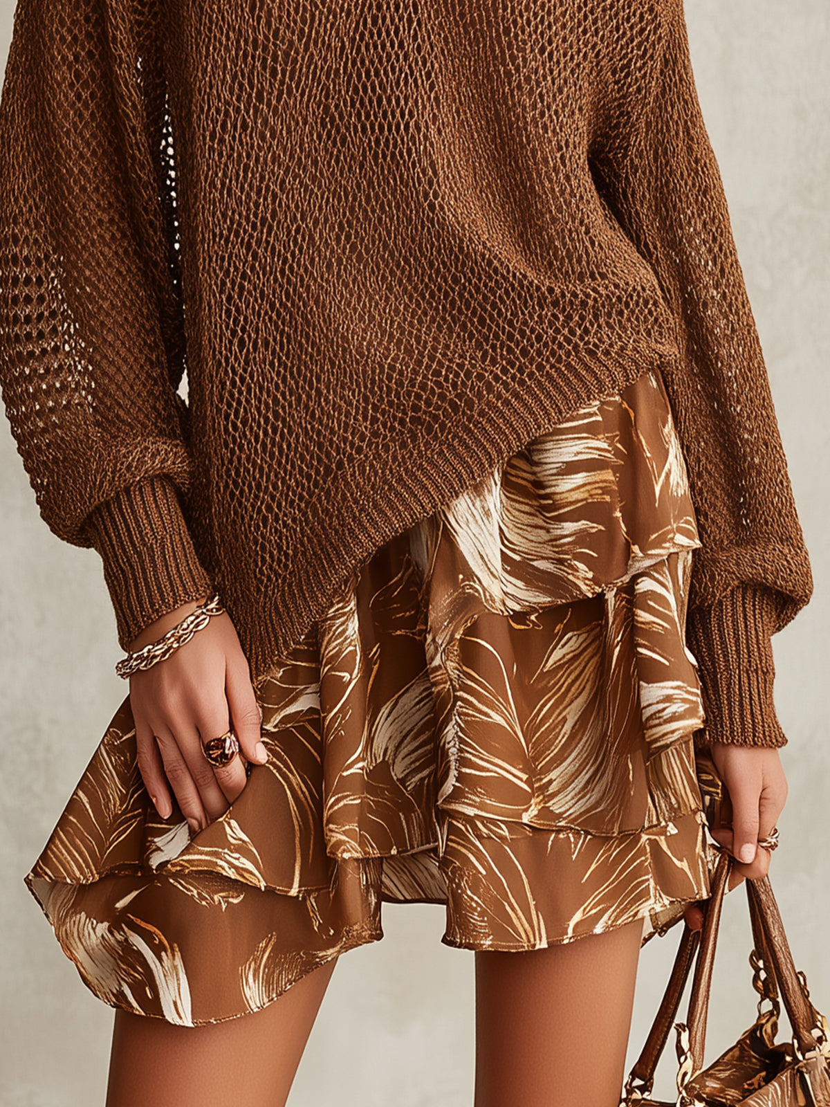 Brown Open-Knit Mini Dress With Printed Layered