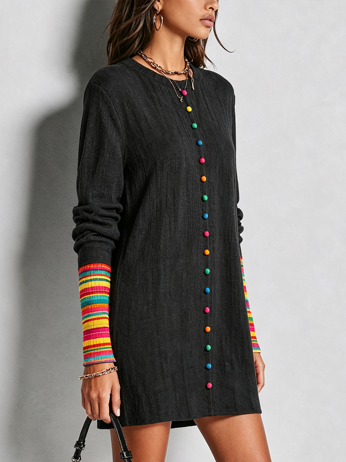 Black Rainbow Button Shift Mini Dress With Contrast Knit Cuffs