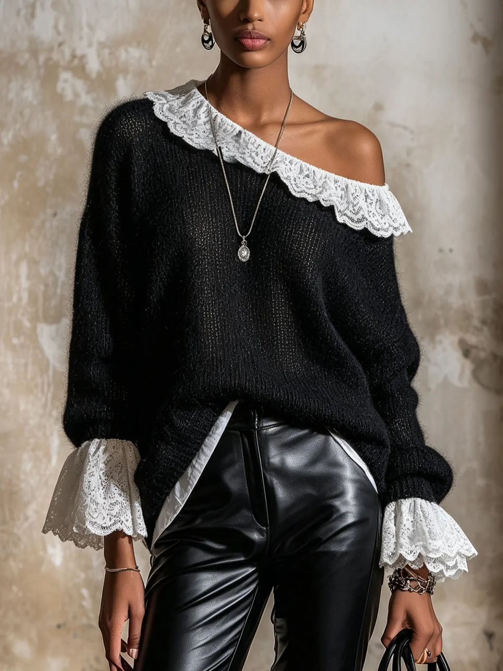 Black Mohair Off-The-Shoulder Sweater With White Lace Trim