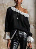 Black Mohair Off-The-Shoulder Sweater With White Lace Trim