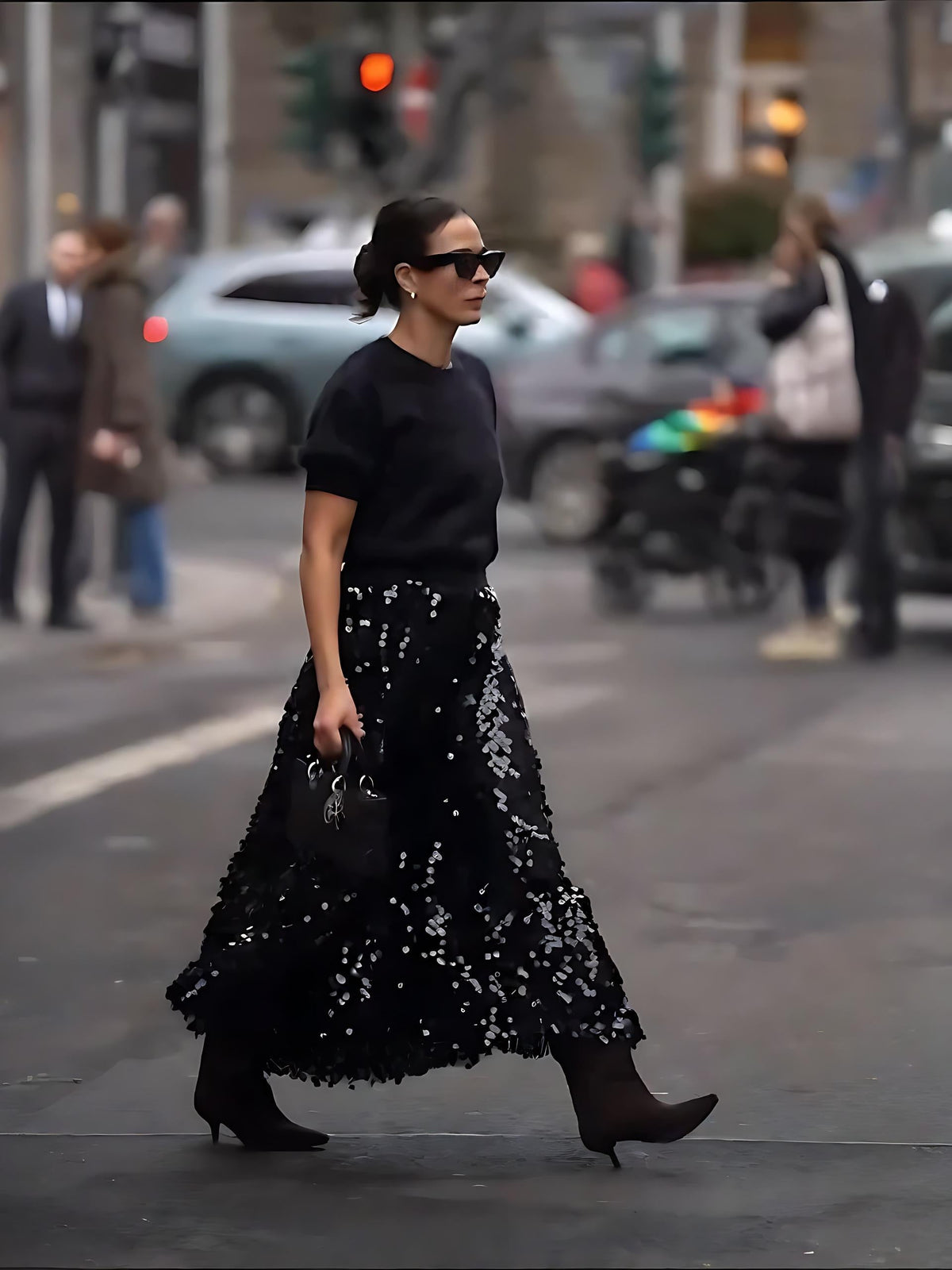 Black Sequin Tulle Midi Skirt