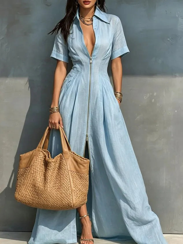 Cotton And Linen Casual Plain Zipper Shirt Collar Maxi Dress