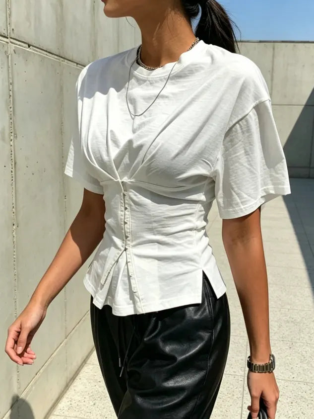 Casual Plain Button Detail T-shirt