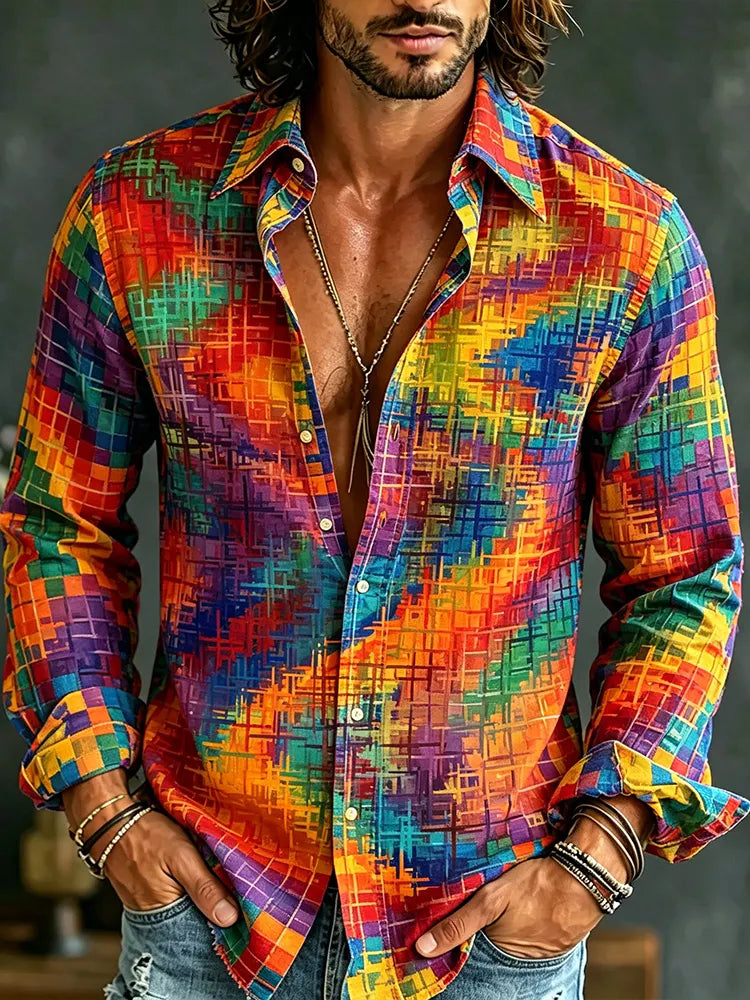 Men's Colorful Artistic Geometric Patchwork Print Casual Long Sleeve Linen Shirt