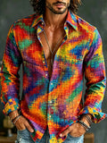Men's Colorful Artistic Geometric Patchwork Print Casual Long Sleeve Linen Shirt