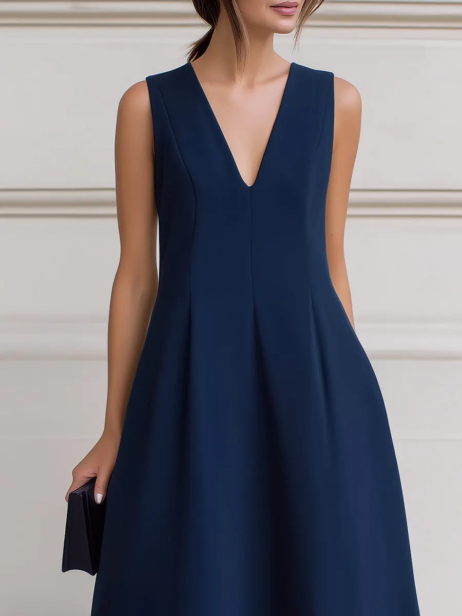 Sleeveless Deep V-Neck Inverted Pleat A-Line Midi Dress